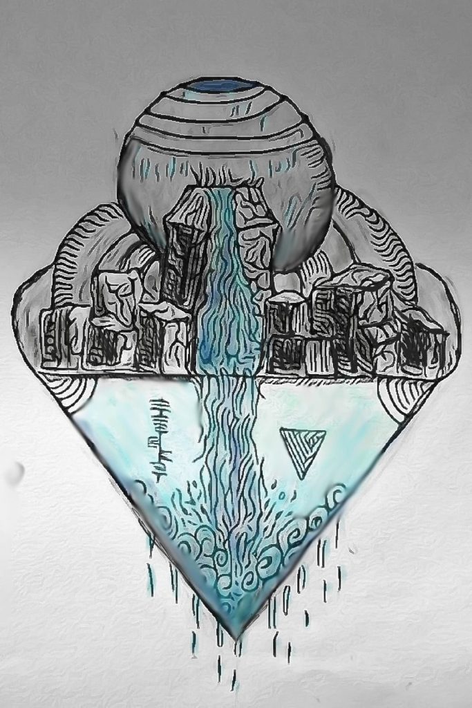 A spherical temple with water pouring out a channel at the from to fill a pool shaped like an inverted pyramid